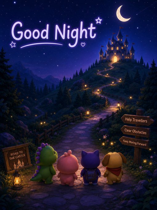 A whimsical 'Good Night' illustration showing four cartoon characters looking up a path toward a glowing castle on a hill, with signposts reading 'Help Travellers', 'Clear Obstacles', 'Keep Moving Forward', and 'ROAD TO THE CASTLE'.