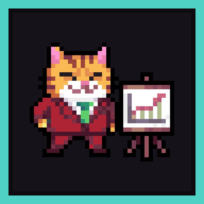 A pixel art illustration of an orange cat character wearing a red suit and green tie, standing next to an easel displaying a bar chart with rising red bars.