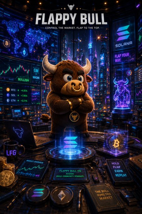 A crypto promotional graphic titled 'FLAPPY BULL - CONTROL THE MARKET, FLAP TO THE TOP' featuring a cartoon bull character with crypto symbols including SOLANA and Bitcoin price tickers (BTC +4.20%, SOL +7.80%, ETH +3.21%).
