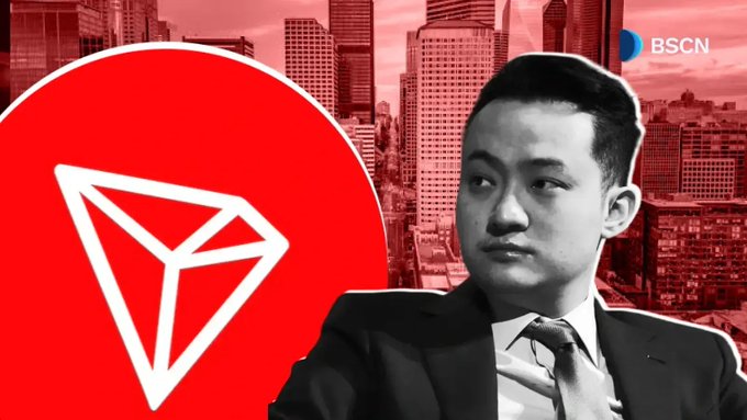 A stylized graphic with the BSCN logo, featuring a man in a suit next to a red circular icon containing the TRON cryptocurrency logo, set against a cityscape.