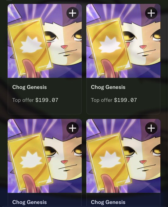 A mobile app interface displays a grid of four digital collectibles titled 'Chog Genesis' with a 'Top offer $199.07' listed beneath each card, which features a cute cartoon creature holding a glowing yellow card.