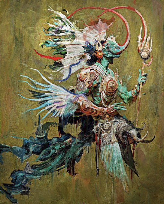 A fantasy painting of a green, reptilian humanoid warrior with flowing red tendrils, ornate armor, and a staff, riding a dark beast-like creature.