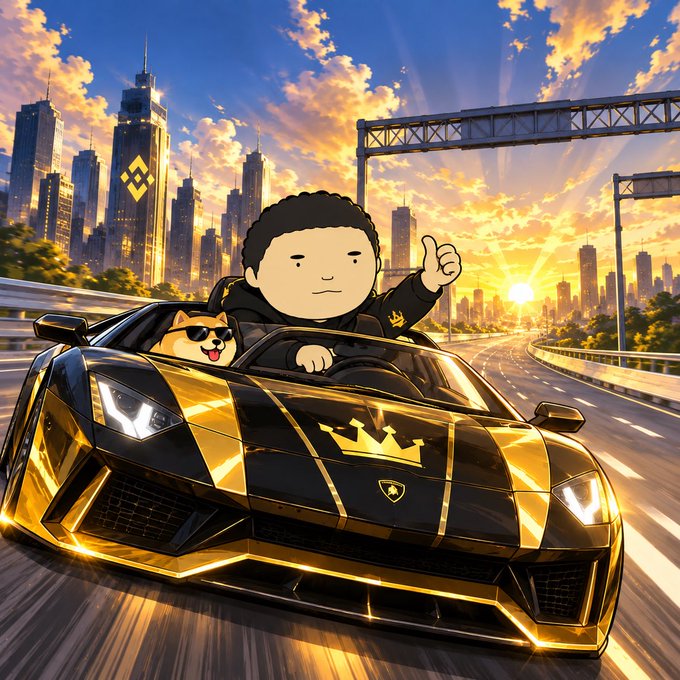 A cartoonish digital illustration of a character driving a gold and black checkered Lamborghini with a Shiba Inu in the passenger seat, giving a thumbs up against a sunset cityscape.