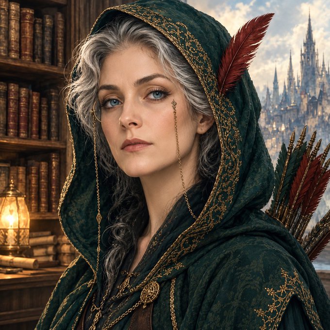 A fantasy portrait of a woman with silver hair wearing an ornate green hooded cloak with gold detailing and a red feather, set against a backdrop of bookshelves and a distant castle.