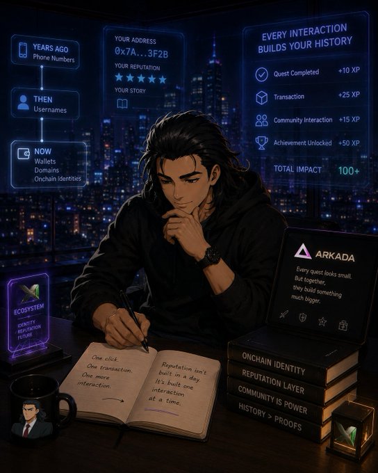 An anime-style illustration of a man writing in a notebook about identity and reputation, with floating panels displaying 'YEARS AGO Phone Numbers', 'THEN Usernames', 'NOW Wallets Domains Onchain Identities', and an XP system for ARKADA on a city skyline background.