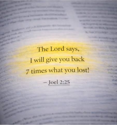 The image shows a Bible verse from Joel 2:25 that reads, "The Lord says, I will give you back 7 times what you lost!" with a golden glow highlighting the text on an open page. 

The accompanying caption appears to reference cryptocurrency or trading culture, suggesting that people who built fortunes through "rug pulls" (scamming investors) often experience religious guilt and seek to "make it right" by donating their ill-gotten gains—a kind of ironic redemption seeking the biblical promise of sevenfold restoration.