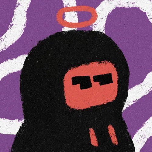 An illustration of a hooded figure with a red face, black sunglasses, and a red halo against a purple background with white scribbles.