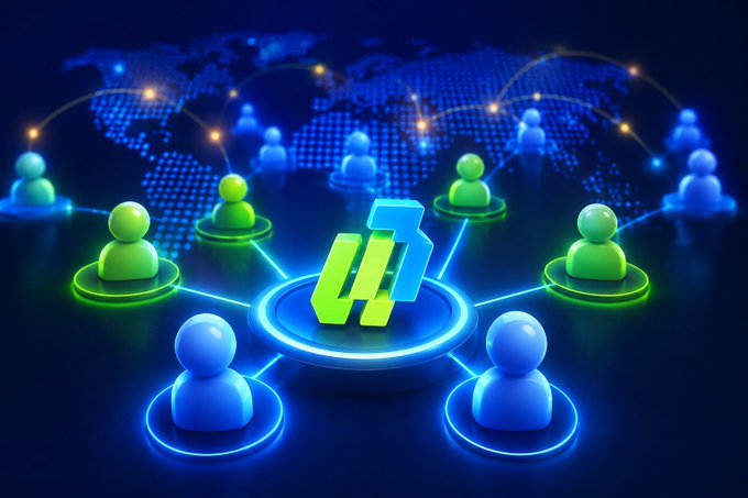 A digital illustration showing a network of stylized human figures connected by glowing lines on a world map background, with a central green and blue logo.