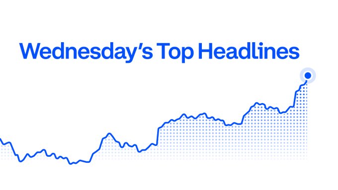 Graphic titled “Wednesday’s Top Headlines” shows a blue market-trend line rising sharply across a dotted chart, ending at a highlighted dot. It illustrates the accompanying post’s financial-market update, including Bitcoin reclaiming $84,000, Tesla’s BTC holdings, U.S. stablecoin rules, and France’s 10-year government bond.