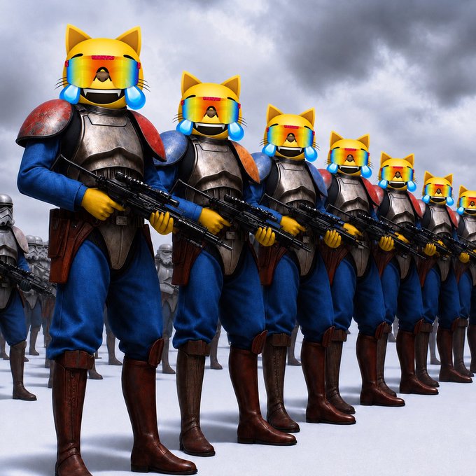 An army of identical yellow cat characters wearing Star Wars clone trooper armor with rainbow visors, holding blaster rifles in formation against a cloudy sky.