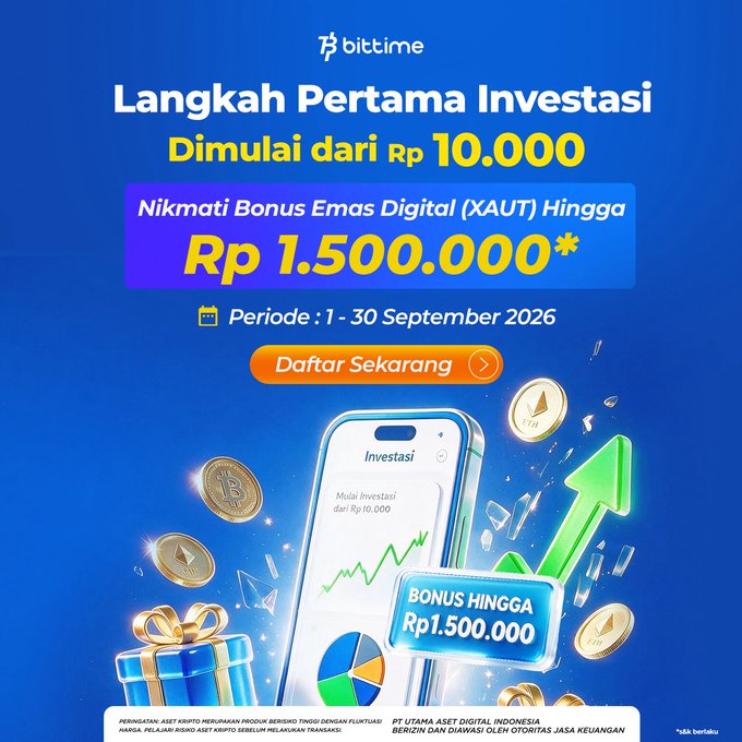 An Indonesian investment advertisement from Bittime promoting 'Langkah Pertama Investasi' starting from Rp 10,000, with a digital gold bonus (XAUT) up to Rp 1,500,000 during September 2026.
