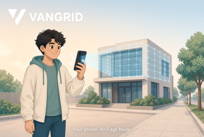 The image shows an anime-style illustration of a young man holding a smartphone up to a modern building, with a blue digital mesh emanating from the phone and covering the structure. The logo "VANGRID" appears in the top-left corner, and the caption "Your phone. An Edge Node." is displayed at the bottom, visually reinforcing the post's message that VanGrid's DePIN model removes hardware friction by turning ordinary smartphones into network nodes.