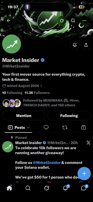 A Twitter/X profile screenshot of @Mrket1nsider shows the 'Market Insider' account with 11.3K followers, displaying a pinned post about a giveaway to celebrate 10k followers.