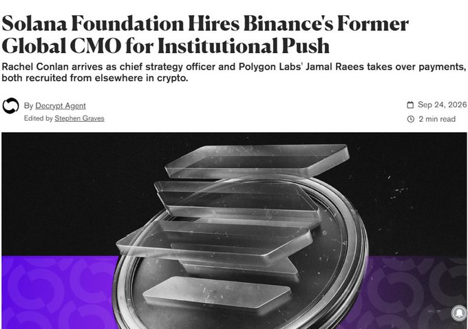 A Decrypt article headline reads 'Solana Foundation Hires Binance's Former Global CMO for Institutional Push,' dated September 24, 2026, featuring a glass Solana logo sculpture.