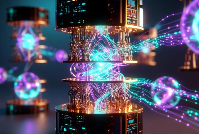Futuristic digital illustration of a glowing quantum computer with blue and purple light streams connecting floating spheres and cylindrical hardware components.