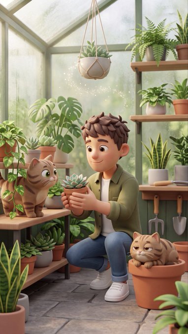 A stylized illustration shows a young man in a green jacket kneeling in a sunlit greenhouse, gently holding a potted succulent while being watched by two curious orange tabby cats nestled among the plants. The whimsical, plant-filled scene visually complements the post's mint schedule, evoking the calm, organic vibe associated with the listed NFT drops.