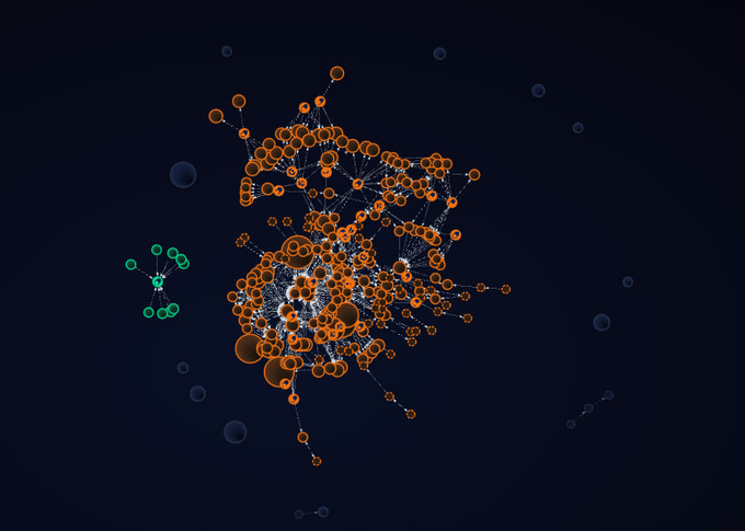An abstract digital artwork or game screenshot showing a network of orange spheres connected by white lines against a dark blue background, resembling a molecular structure or constellation.