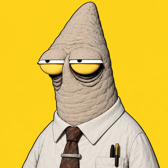 A 3D-rendered cartoon character with a wrinkled, cone-shaped head and droopy yellow eyes, wearing a white shirt and brown tie against a yellow background.