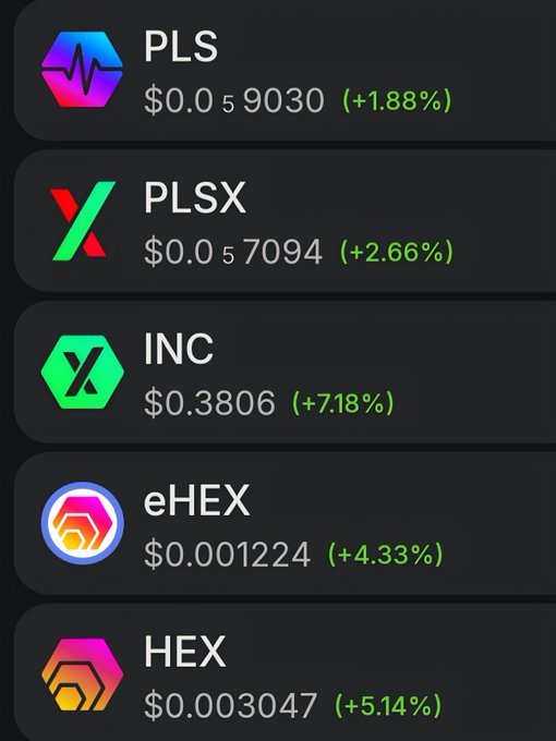 A list of cryptocurrency tickers showing PLS (+1.88%), PLSX (+2.66%), INC (+7.18%), eHEX (+4.33%), and HEX (+5.14%) with their respective prices.