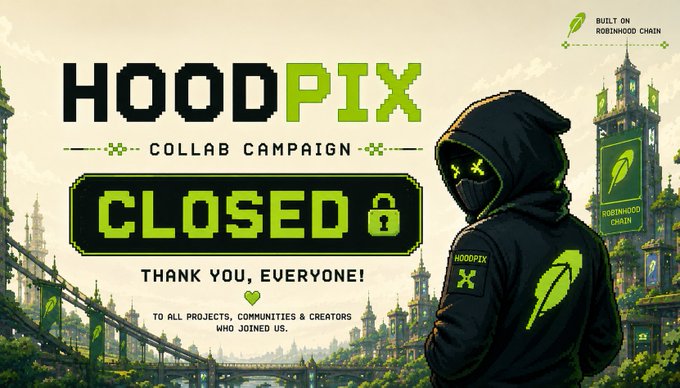 A pixel-art style promotional image announces that the "HOODPIX Collab Campaign" is officially CLOSED, with a hooded figure wearing a HOODPIX hoodie standing before a fantasy cityscape featuring a "ROBINHOOD CHAIN" tower. The image aligns with the post's message of gratitude to collab partners and hints at upcoming developments, including the WL Checker, while reinforcing the pixel-art branding and Robinhood Chain integration central to HOODPIX.