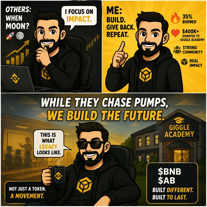 A cartoon-style promotional graphic contrasts the creator with other crypto traders, stating "OTHERS: I focus on impact" vs "ME: BUILD. GIVE BACK. REPEAT," highlighting stats like "35% BURNED," "$400K+ DONATED TO GIGGLE ACADEMY," and "STRONG COMMUNITY," with the tagline "WHILE THEY CHASE PUMPS, WE BUILD THE FUTURE" alongside $BNB and $AB tickers.

The image visually reinforces the post's message by emphasizing $AB's tangible impact—$400K+ donations to Giggle Academy and 35% of tokens burned—positioning it as a legacy-building movement rather than hype-driven speculation.