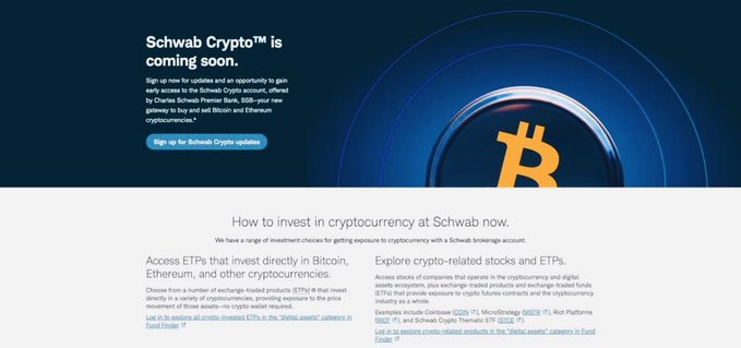 A webpage screenshot announcing 'Schwab Crypto is coming soon,' featuring a Bitcoin logo and information about investing in cryptocurrency through ETFs and stocks.