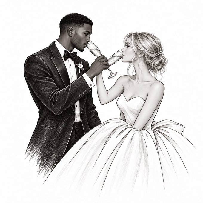 A pencil illustration depicting a Black groom in a tuxedo and a blonde bride in a wedding dress clinking champagne glasses during a toast.