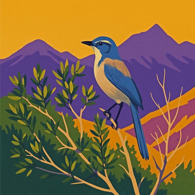 A vibrant illustration of a blue scrub jay perched on a leafy branch against a backdrop of purple mountains and an orange sky.