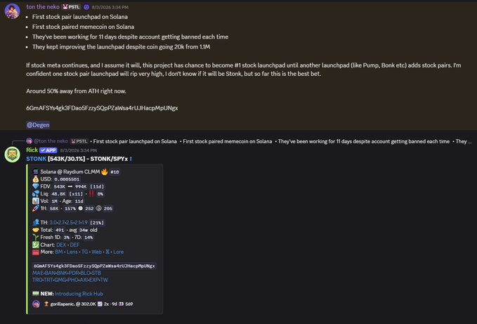 A Discord screenshot shows user "ton the neko" announcing a "First stock pair launchpad on Solana" and "First stock paired memecoin on Solana," referencing $STONK, which traded at a $543K market cap with 34% in 24h. This aligns with the accompanying post congratulating $STONK holders on a successful call from @PastelAlpha.