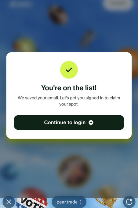 The image shows a smartphone screen with an email notification from Pear. The message indicates that the user has been accepted into Pear's platform, which features options for both personal predictions and trade opportunities. Additionally, the app offers cashback rewards for users who make predictions or refer others to the site. This app seems to cater to various interests of its users as well as provide financial incentives for sharing knowledge with others. The overall impression is that this user found a valuable resource within Pear's online community.