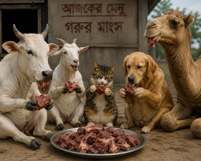 The image features a group of animals - two cows (one white and one brown), three goats (two white and one brown), and a cat sitting next to them, all eating food together. The scene takes place outdoors with a barn visible in the background. The caption on the image reads "Eid Night GN Fren This season loading, every time See y'all tomorrow & creating content for @NomismaNetwork x @useTria & @RiverdotInc".
