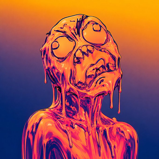 A surreal digital illustration depicts a melting, dripping humanoid figure in pink and orange tones with distorted hollow eyes against a gradient orange-purple background.