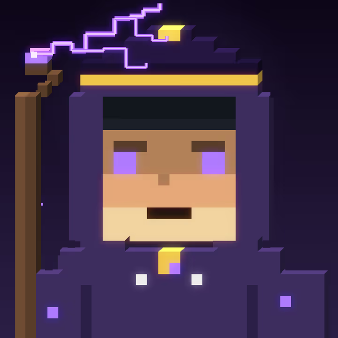 A pixel art character wearing a purple hooded robe with glowing purple eyes and a lightning bolt symbol.