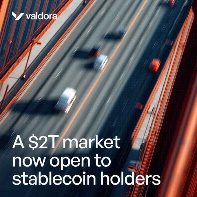 An advertisement for 'valdora' displays an abstract bridge over traffic with the text 'A $2T market now open to stablecoin holders'.