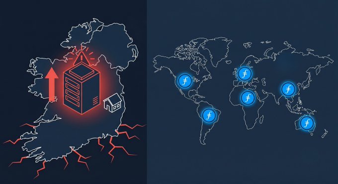 The image shows a map of Ireland with a red "X" symbolizing a data center, indicating that there are several data centers located within the country. The surrounding area has been affected by a natural disaster or geological event, as evidenced by the cracks in the ground and the presence of lava flows. This visual representation highlights the importance of energy efficiency and sustainable practices in the context of data centers, which consume a significant amount of electricity. The post also mentions that Ireland's metered power is used to support these data centers, emphasizing the need for efficient energy management strategies.