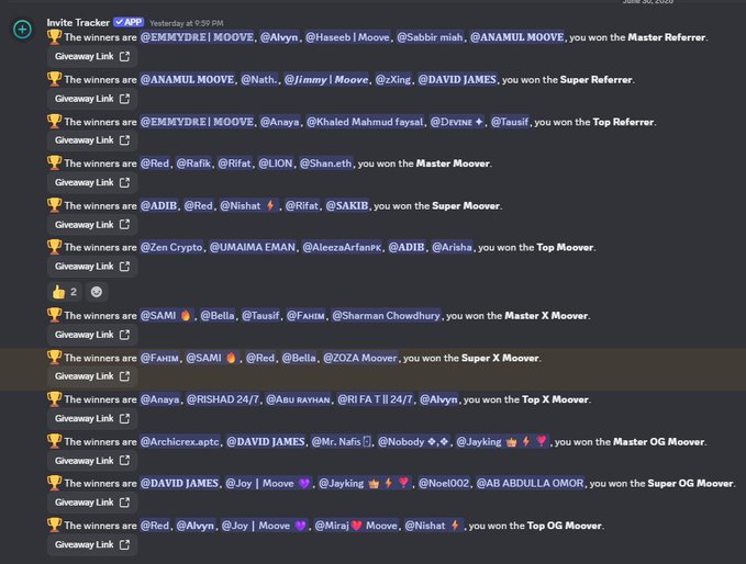 Discord screenshot from Invite Tracker listing giveaway winners tagged as Master Referrer, Super Referrer, Top Referrer, Master Moover, Super Moover, Top Moover, Master X Moover, Super X Moover, Top X Moover, Master OG Moover, Super OG Moover, and Top OG Moover.