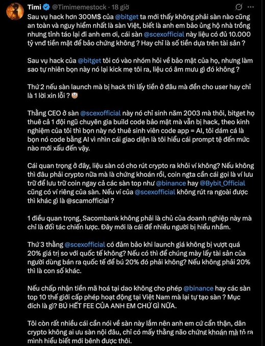 A Vietnamese-language X/Twitter post by user 'Timi' (@Timiimestock) questioning the legitimacy of the @bitget and @scexofficial memecoin project on Solana, raising concerns about whether the $300M market cap is real money.