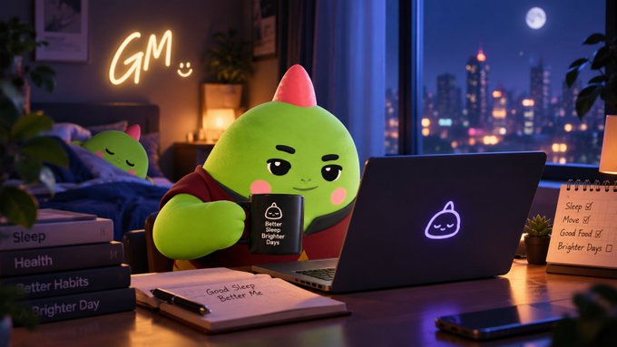 A 3D-rendered green character with a pink horn works on a laptop at a nighttime desk setup with a 'GM' neon sign, a notebook reading 'Good Sleep Better Wake', a 'Sleep Good Better Day' mug, and books titled 'Sleep', 'Health', 'Better Habits', and 'Brighter Day'.
