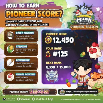 A promotional graphic for 'Morning Moon Pocket' Pioneer Season (Sep 7 - Oct 3) explaining how to earn Pioneer Score (currently 12,450) through daily missions, farming, adventure, and village activities.