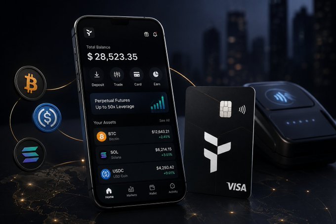 The image shows a smartphone displaying its balance and transactions, including Bitcoin and Visa payments. There are three Bitcoin icons located below the phone screen, with the largest one positioned above it. The top of the phone also displays a Visa card along with the balance. In the background behind the phone, there is text that reads "the more i use crypto, the more i realize convenience matters more than another new feature. having assets spread across different chains sounds fine until you actually need to move them. that's why @useTria caught my attention. being able to deposit what i already hold and".