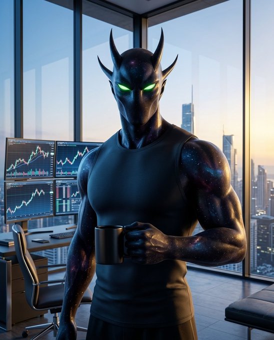 A muscular cosmic-themed humanoid with glowing green eyes holds a coffee mug in a high-rise office, with multiple monitors displaying bullish stock market charts behind them—perfectly matching the "Gm CT" energy of a sunrise grind fueled by caffeine and green candles.