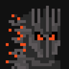 A pixel art image showing a gray, textured figure or creature with glowing red accents on a black background.