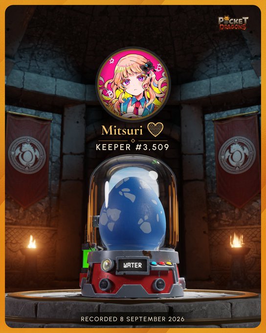 A Pocket Dragons app screenshot displaying a character named Mitsuri (Keeper #3,509) as a water element in a glass capsule.