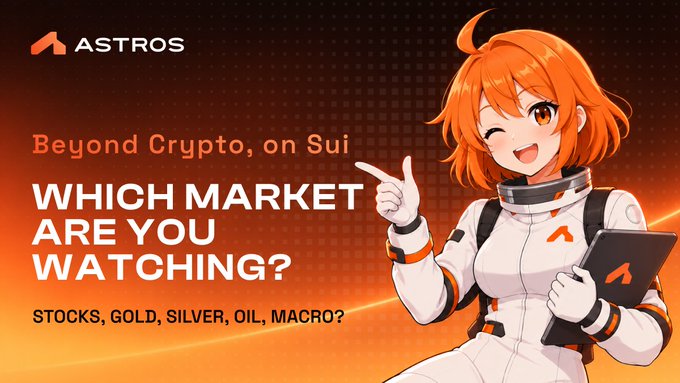 An orange-themed promotional graphic for 'ASTROS' with an anime-style orange-haired character holding a tablet, featuring text 'Beyond Crypto, on Sui' and 'WHICH MARKET ARE YOU WATCHING? STOCKS, GOLD, SILVER, OIL, MACRO?'.