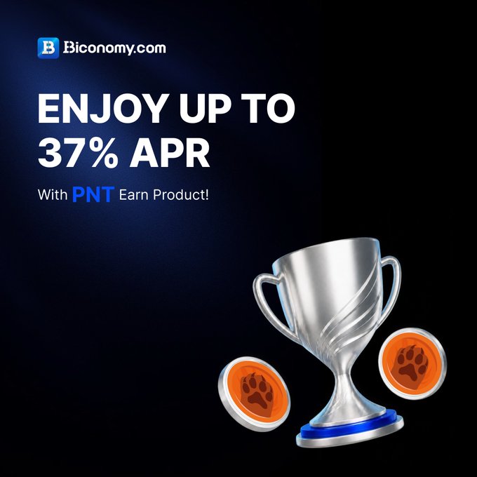 A promotional advertisement for Biconomy.com featuring a silver trophy and two orange PNT coins, with text reading 'ENJOY UP TO 37% APR With PNT Earn Product!' against a dark background.