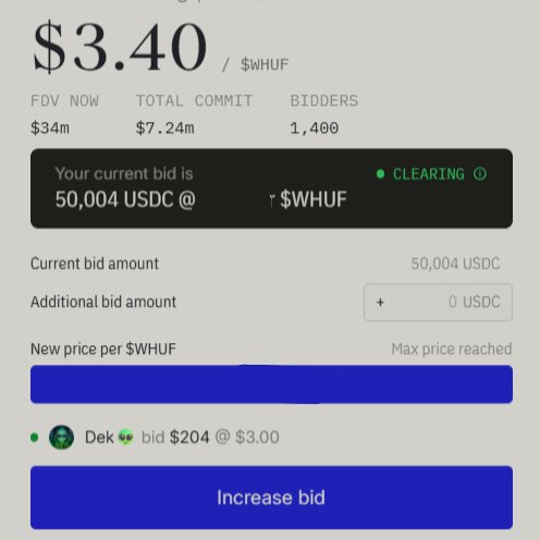 A Dutch auction bidding interface for the $WHUF token shows a current price of $3.40, with the user's bid of 50,004 USDC marked as "CLEARING" alongside metrics like $34m FDV and 1,400 bidders. Another bidder (Dek) is shown placing a competing bid of 204 @ $3.00, suggesting active price discovery just below the user's clearing position.