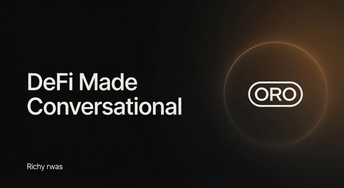 A minimalist black screen featuring the text "DeFi Made Conversational" and the 'ORO' logo in a glowing orange circle.