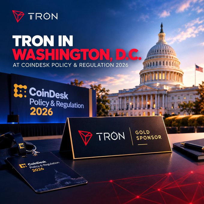 A promotional graphic for TRON as a Gold Sponsor at the CoinDesk Policy & Regulation 2026 conference in Washington, D.C., featuring the U.S. Capitol building.