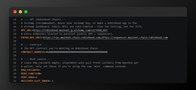 A code editor displays a configuration file for a Robinhood Chain NFT minting script, showing variables like `RPC_URL`, `CONTRACT_ADDRESS`, `RAW_CALLDATA`, and `MINT_FUNCTION`, related to the post about building a script to mint NFTs on Robinhood during the FCFS phase.