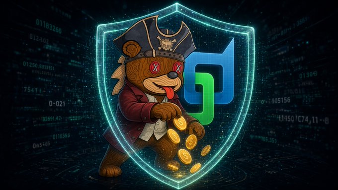 A cartoon pirate bear mascot with X-eyes wearing a pirate hat, holding gold coins inside a glowing blue shield, with a green logo in the background.